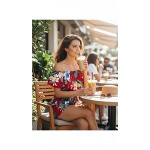 Uluwatu Red Tropical Floral Off The Shoulder Romper Womens Medium Summer Beach